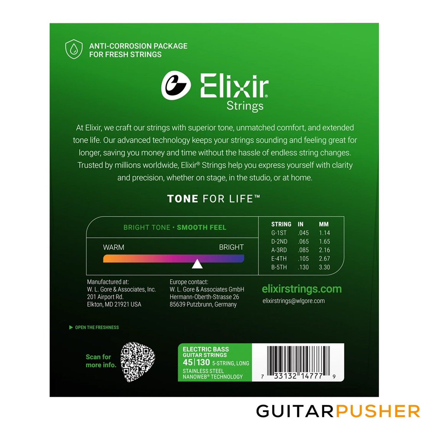 Elixir Electric Bass Stainless Steel Bass Guitar Strings with Nanoweb Coating - 5-String Light, Long Scale (45 65 85 105 130)