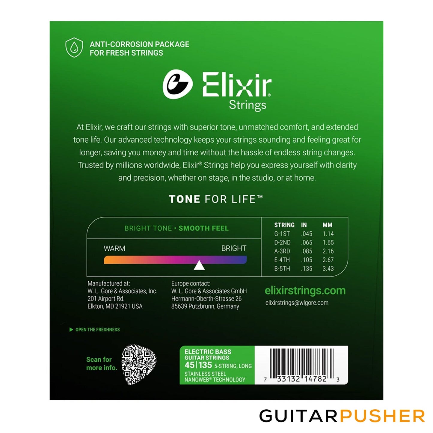 Elixir Electric Bass Stainless Steel Bass Guitar Strings with Nanoweb Coating - 5-String Light/Medium, Long Scale (45 65 85 105 135)