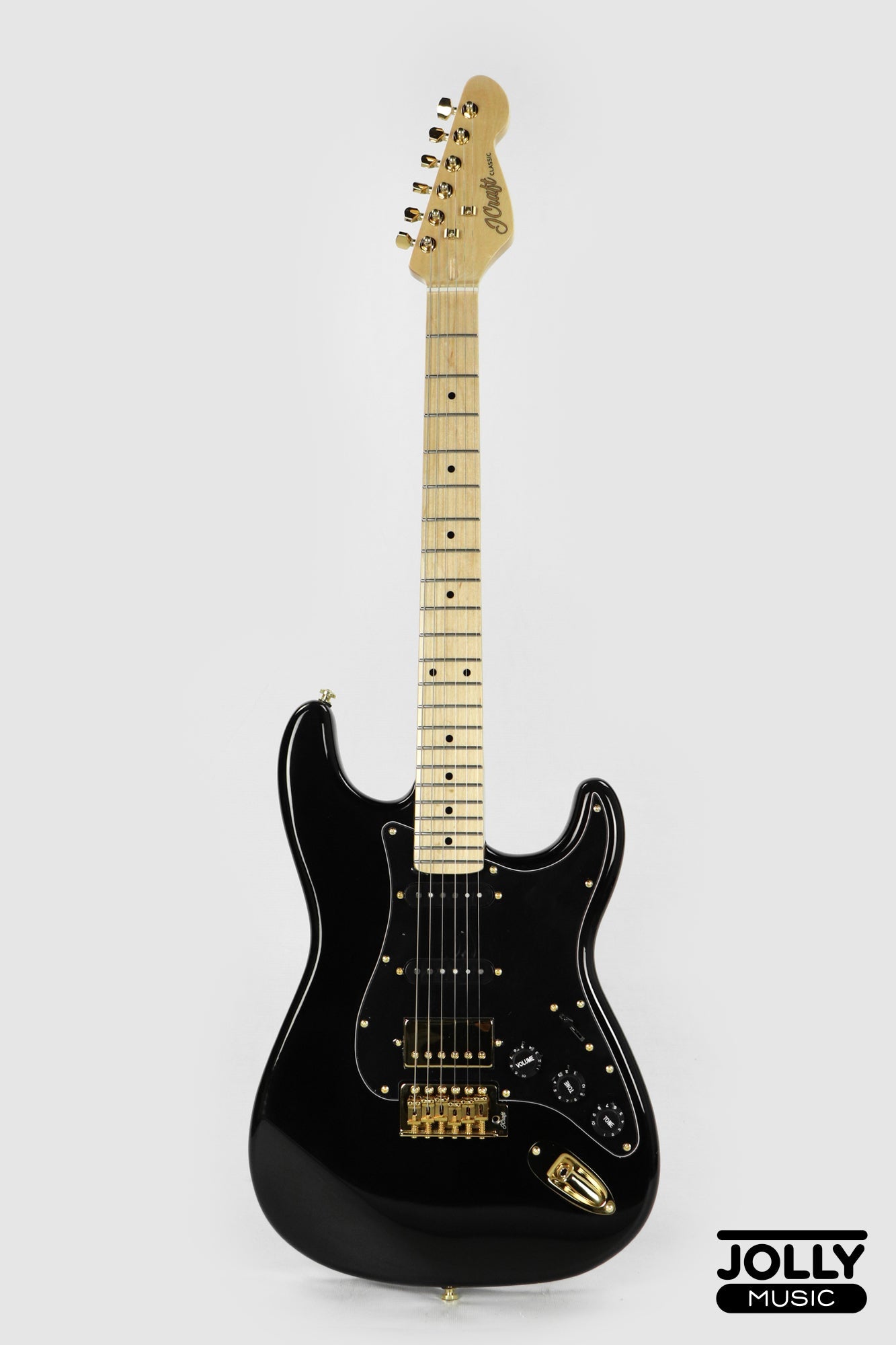 JCraft S-2HC HSS Stratocaster Stainless Frets Electric Guitar Maple / Gold HW - Tuxedo Black