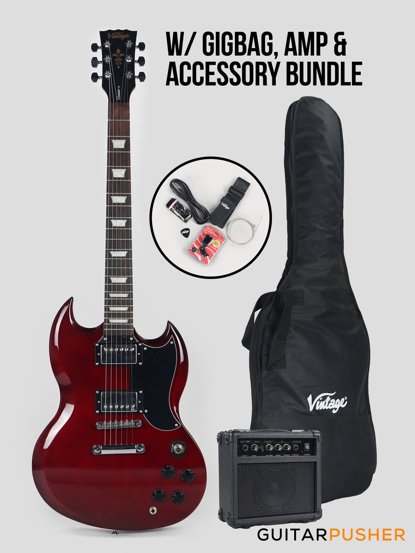 Vintage Coaster Series V69 Electric Guitar w/ Kinsman 10-Watt Amplifier, Gig Bag, & Accessories - Cherry Red