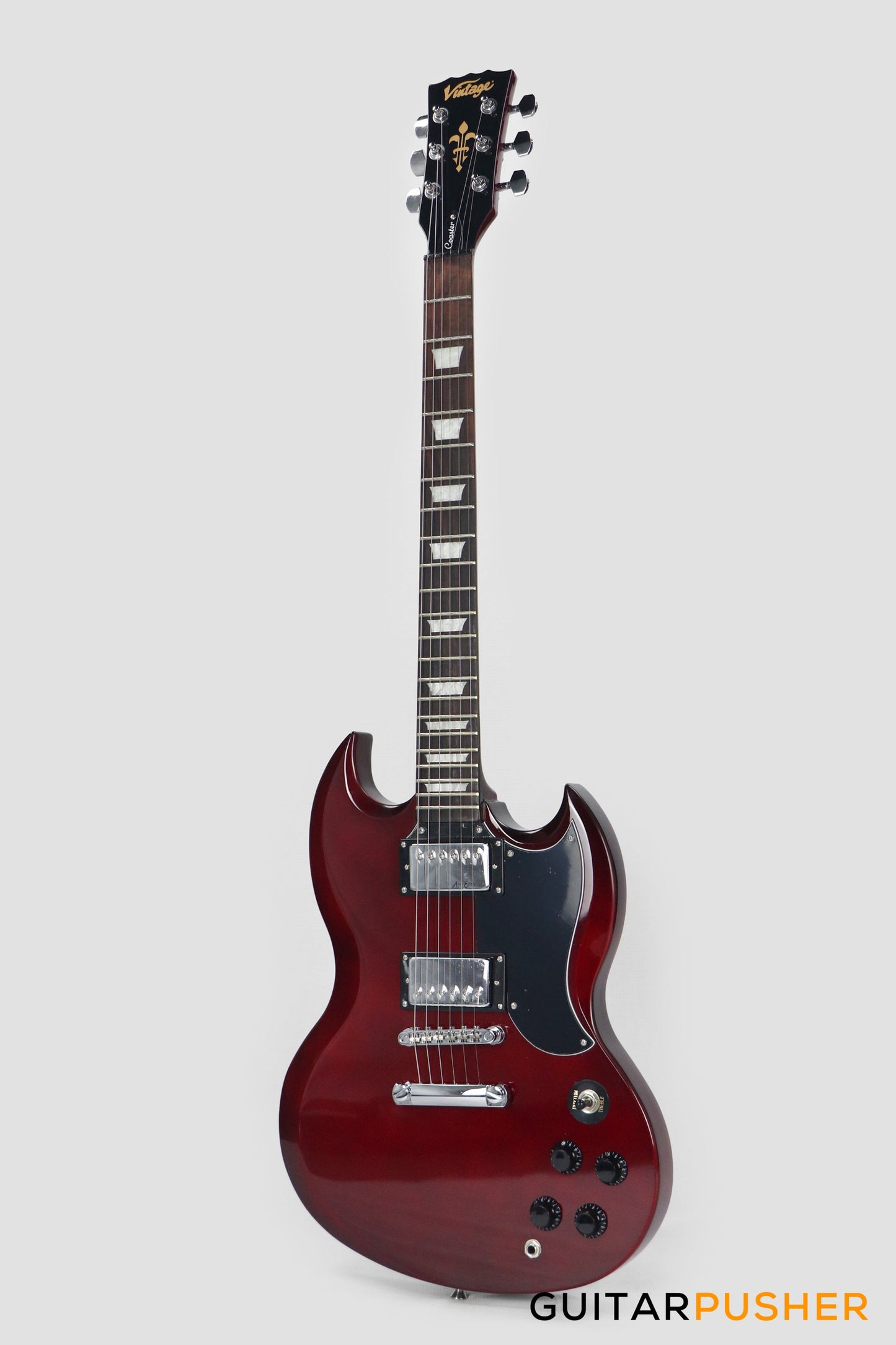 Vintage Coaster Series V69 Electric Guitar w/ Kinsman 10-Watt Amplifier, Gig Bag, & Accessories - Cherry Red