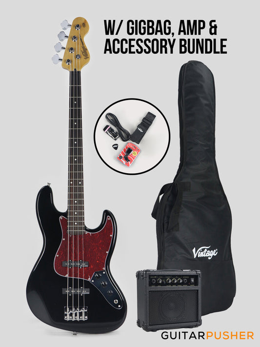 Vintage Coaster Series V49 4-String JB Bass w/ Kinsman 10-Watt Bass Amplifier, Gig Bag, & Accessories - Boulevard Black