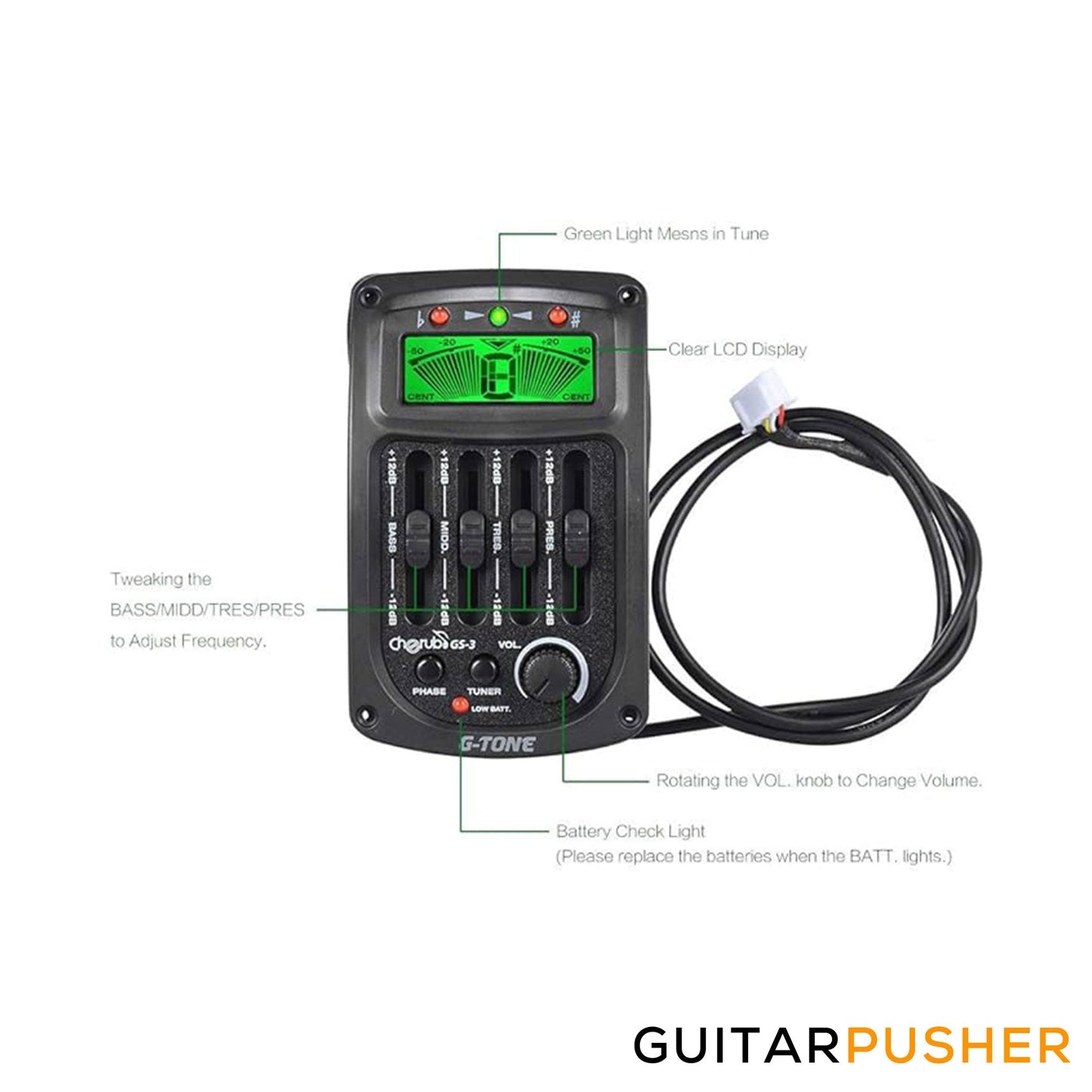 Cherub G-Tone GS-3 Acoustic Guitar Pickup w/ 4-Band EQ, Phaser, & Chromatic Tuner