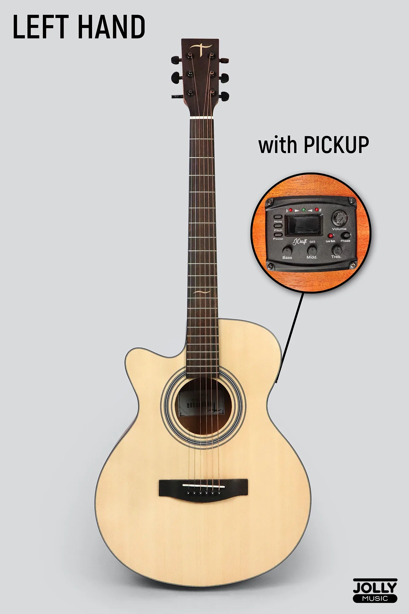 JCraft Troubadour TS-216CE Left Hand Solid Top Cutaway Acoustic Guitar with Pickups and Gigbag