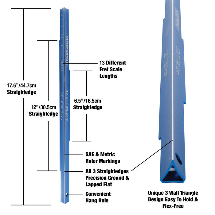 MusicNomad Tri-Beam 3 'n 1 Straight Edge, plus SAE/Metric Ruler & Scale Length Ruler for Acoustic & Electric Guitars MN820