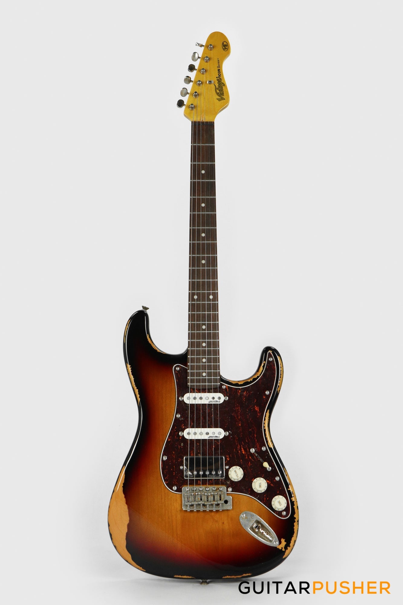 Vintage V6H Icon HSS S-Style Electric Guitar - Ultra Gloss Distressed Sunset Sunburst