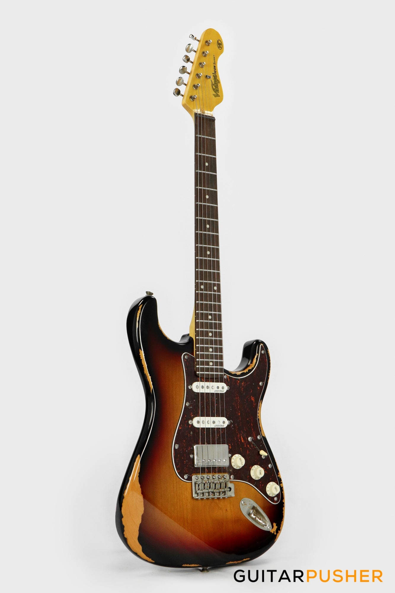 Vintage V6H Icon HSS S-Style Electric Guitar - Ultra Gloss Distressed Sunset Sunburst