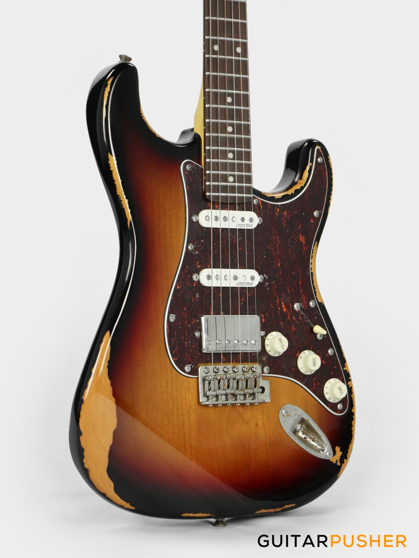 Vintage V6H Icon HSS S-Style Electric Guitar - Ultra Gloss Distressed Sunset Sunburst