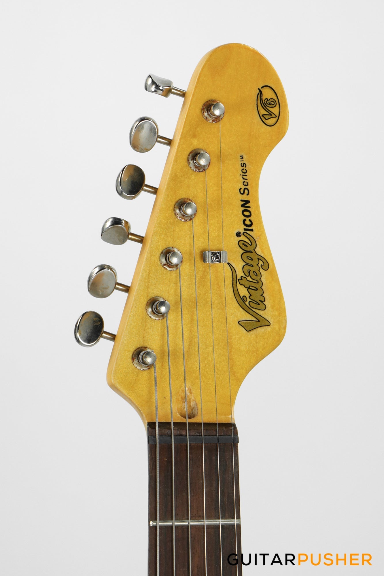Vintage V6H Icon HSS S-Style Electric Guitar - Ultra Gloss Distressed Sunset Sunburst