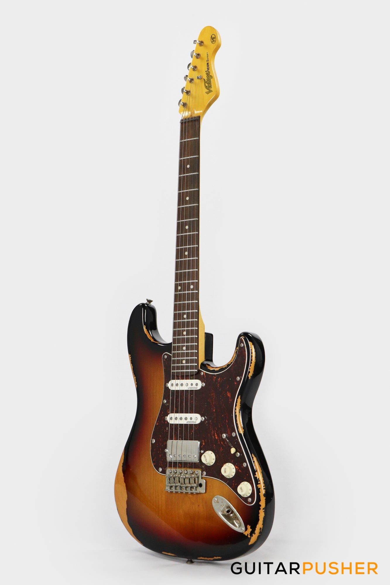 Vintage V6H Icon HSS S-Style Electric Guitar - Ultra Gloss Distressed Sunset Sunburst