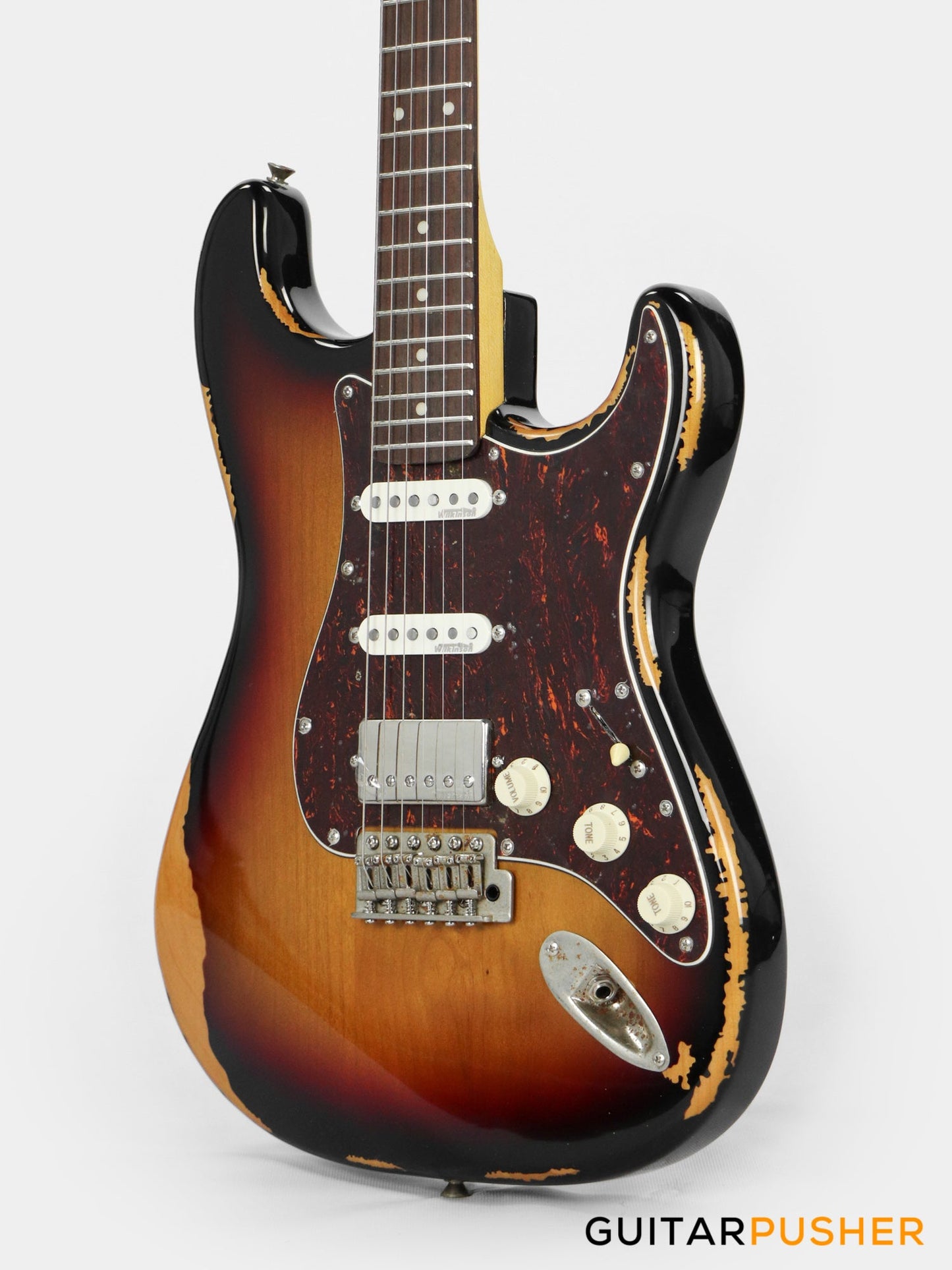 Vintage V6H Icon HSS S-Style Electric Guitar - Ultra Gloss Distressed Sunset Sunburst