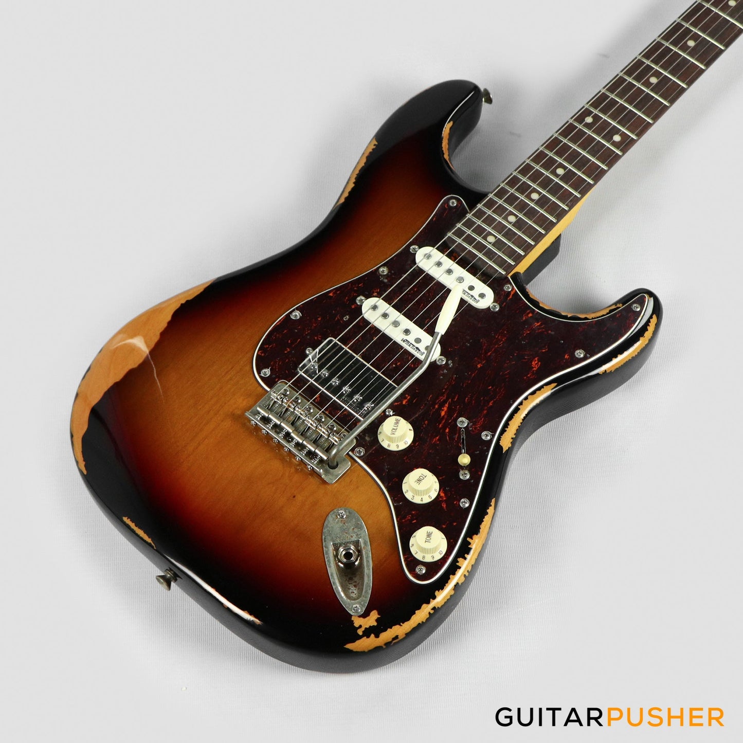 Vintage V6H Icon HSS S-Style Electric Guitar - Ultra Gloss Distressed Sunset Sunburst