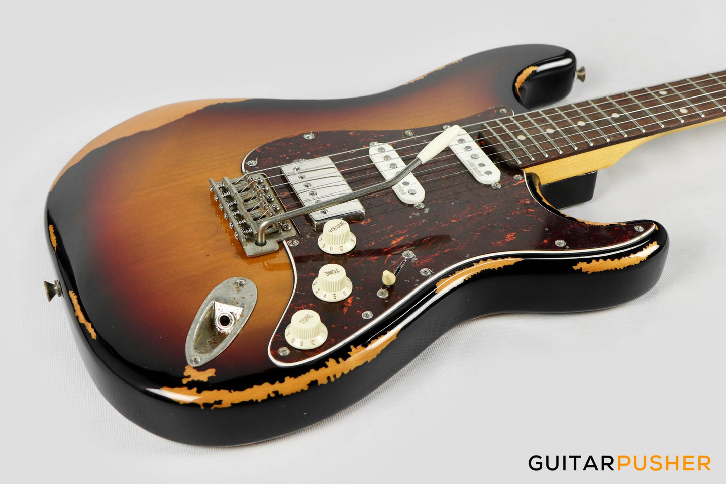 Vintage V6H Icon HSS S-Style Electric Guitar - Ultra Gloss Distressed Sunset Sunburst