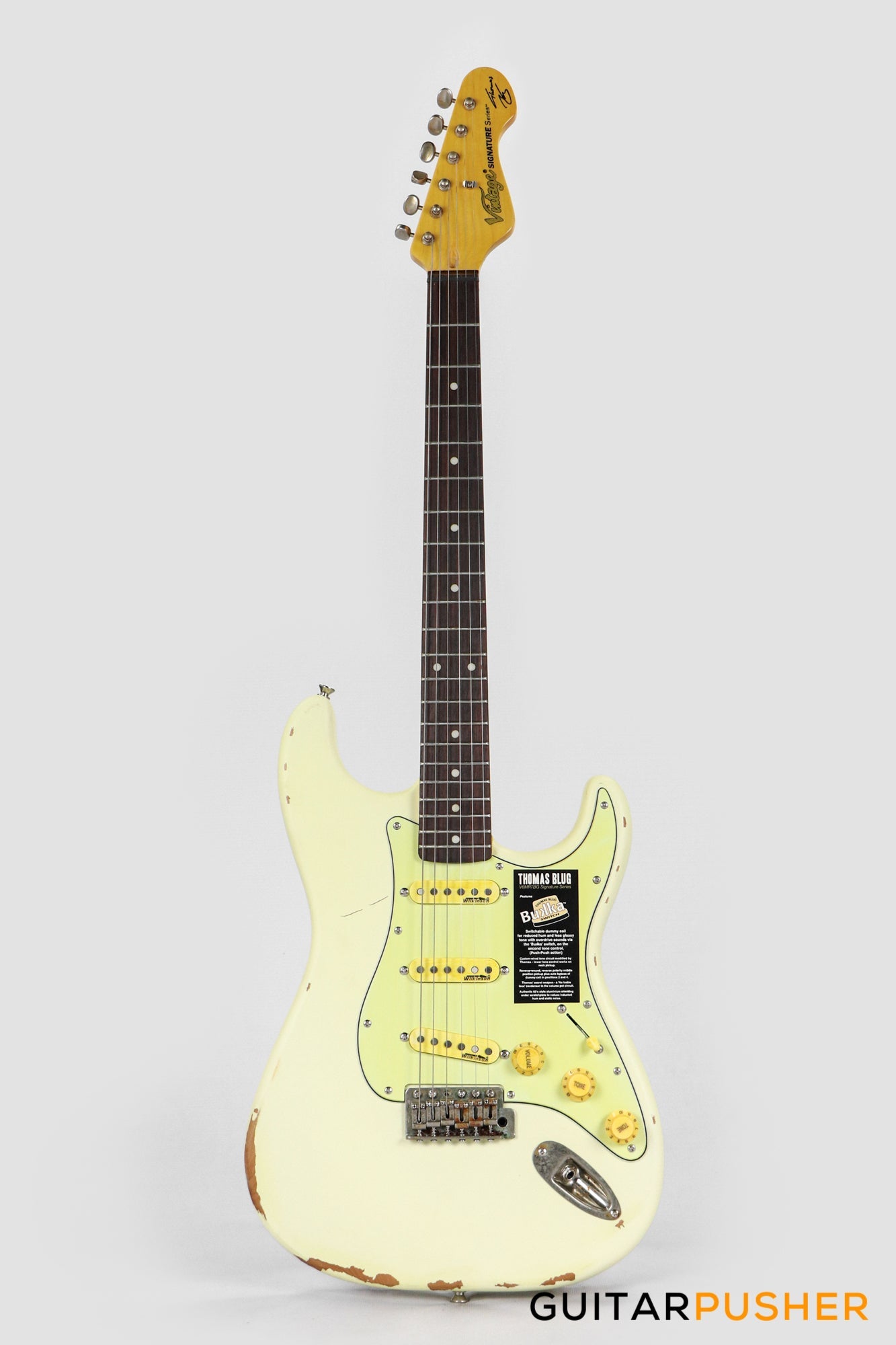 Vintage V6 Thomas Blug Signature S-Style Electric Guitar - Distressed Vintage White