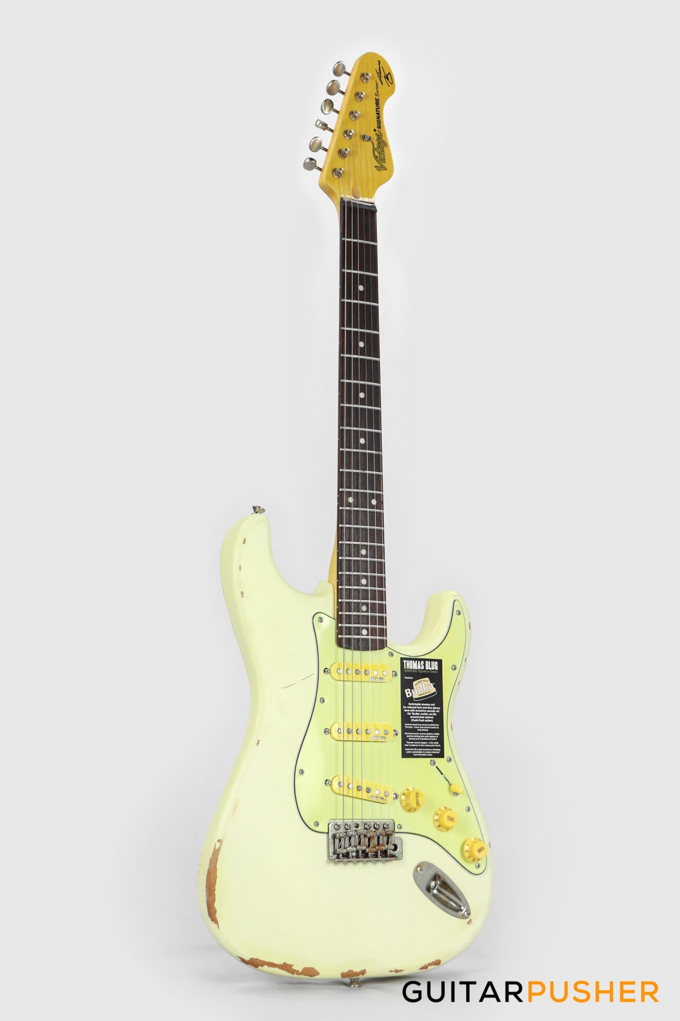 Vintage V6 Thomas Blug Signature S-Style Electric Guitar - Distressed Vintage White