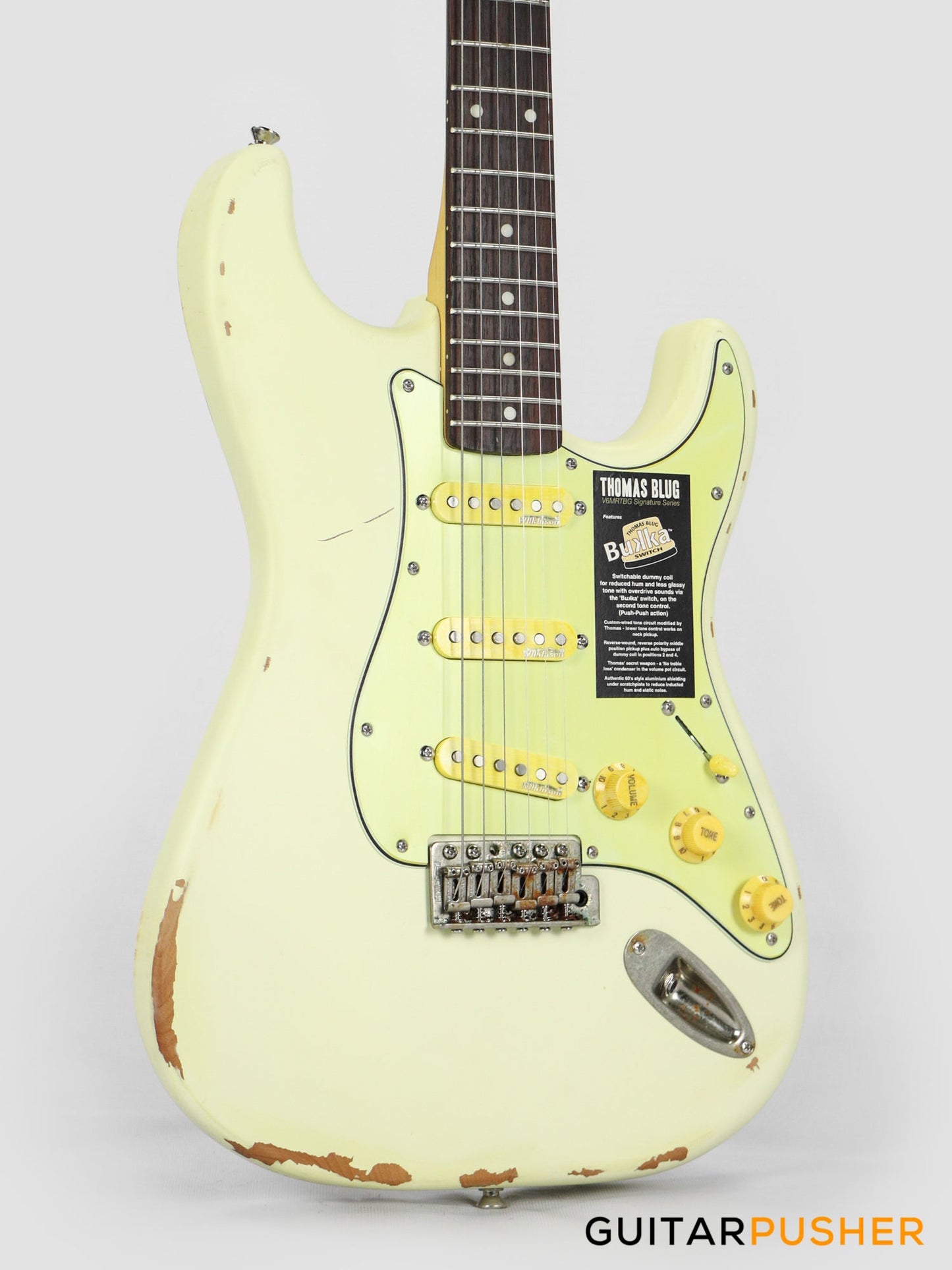 Vintage V6 Thomas Blug Signature S-Style Electric Guitar - Distressed Vintage White