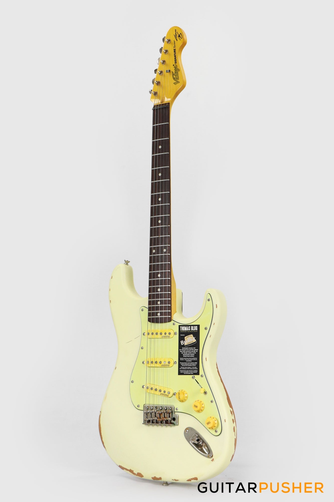 Vintage V6 Thomas Blug Signature S-Style Electric Guitar - Distressed Vintage White
