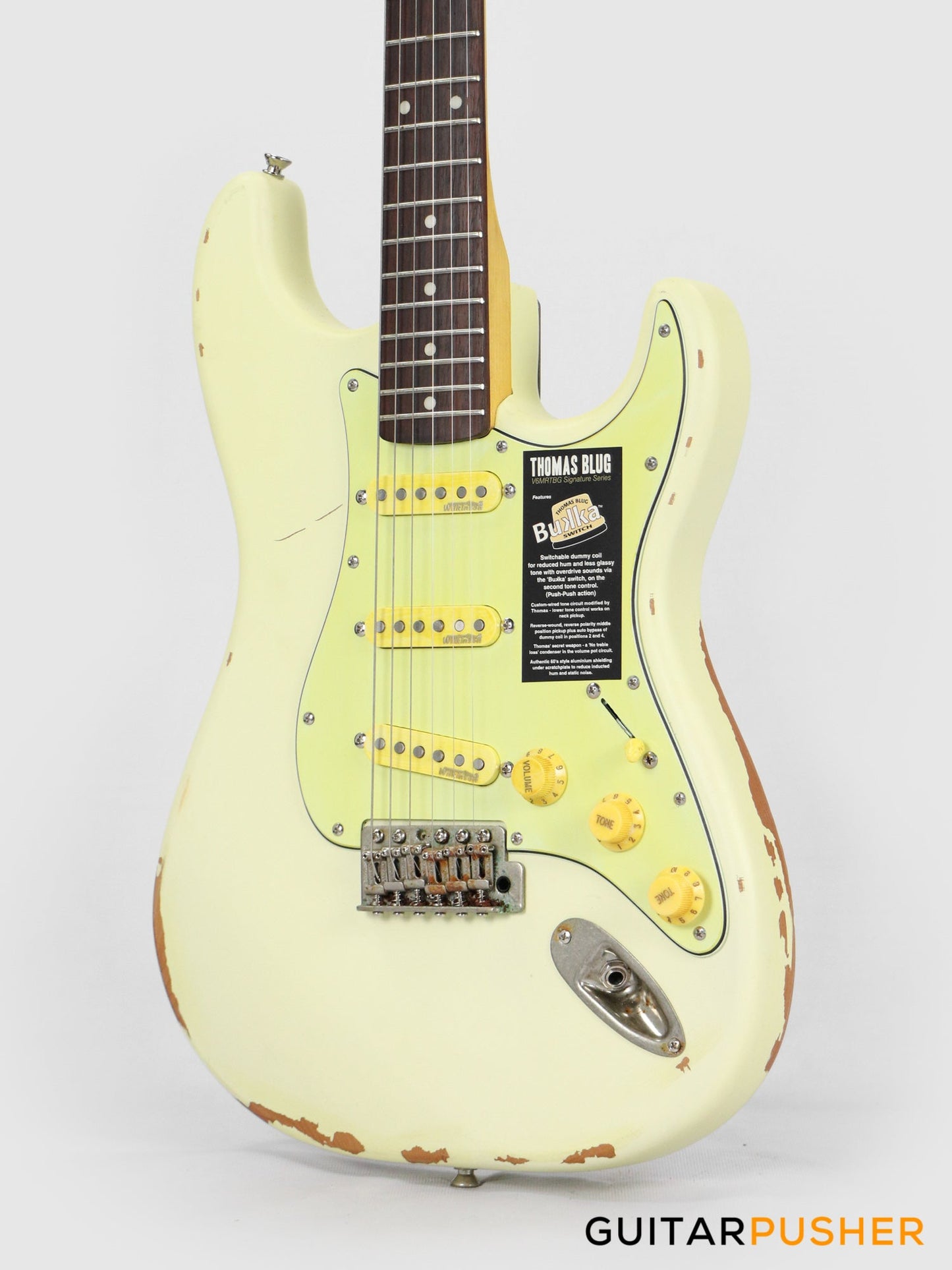 Vintage V6 Thomas Blug Signature S-Style Electric Guitar - Distressed Vintage White