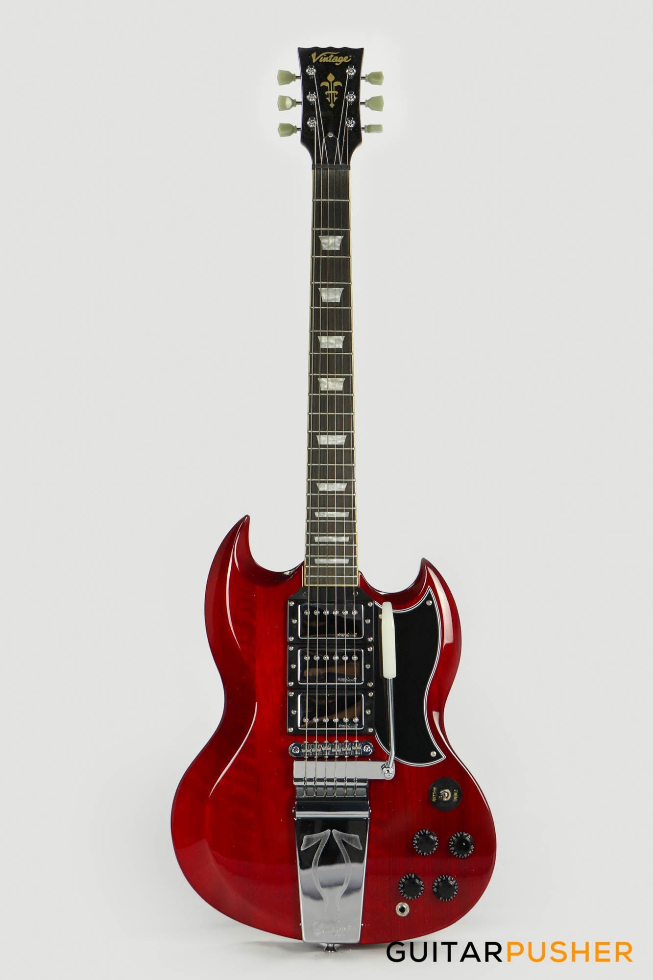 Vintage VS63 Reissue 3-Pickup Vibrola Tailpiece SG Electric Guitar - Cherry Red