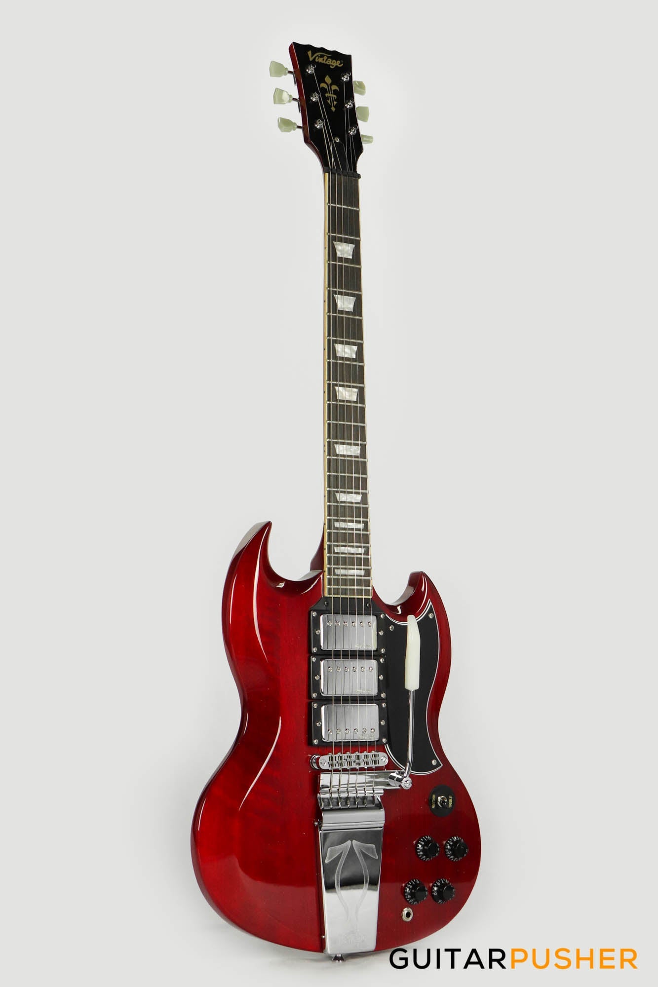 Vintage VS63 Reissue 3-Pickup Vibrola Tailpiece SG Electric Guitar - Cherry Red
