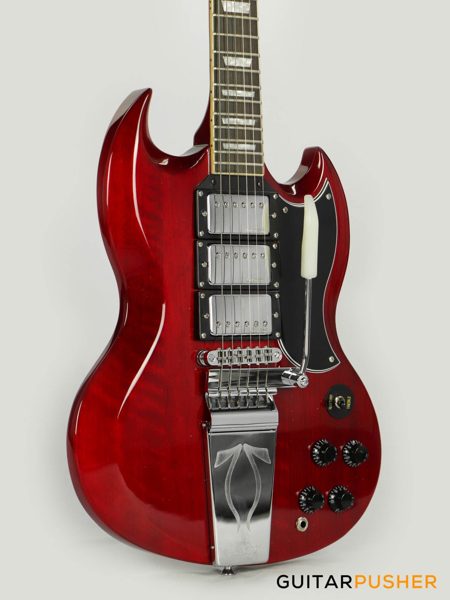 Vintage VS63 Reissue 3-Pickup Vibrola Tailpiece SG Electric Guitar - Cherry Red