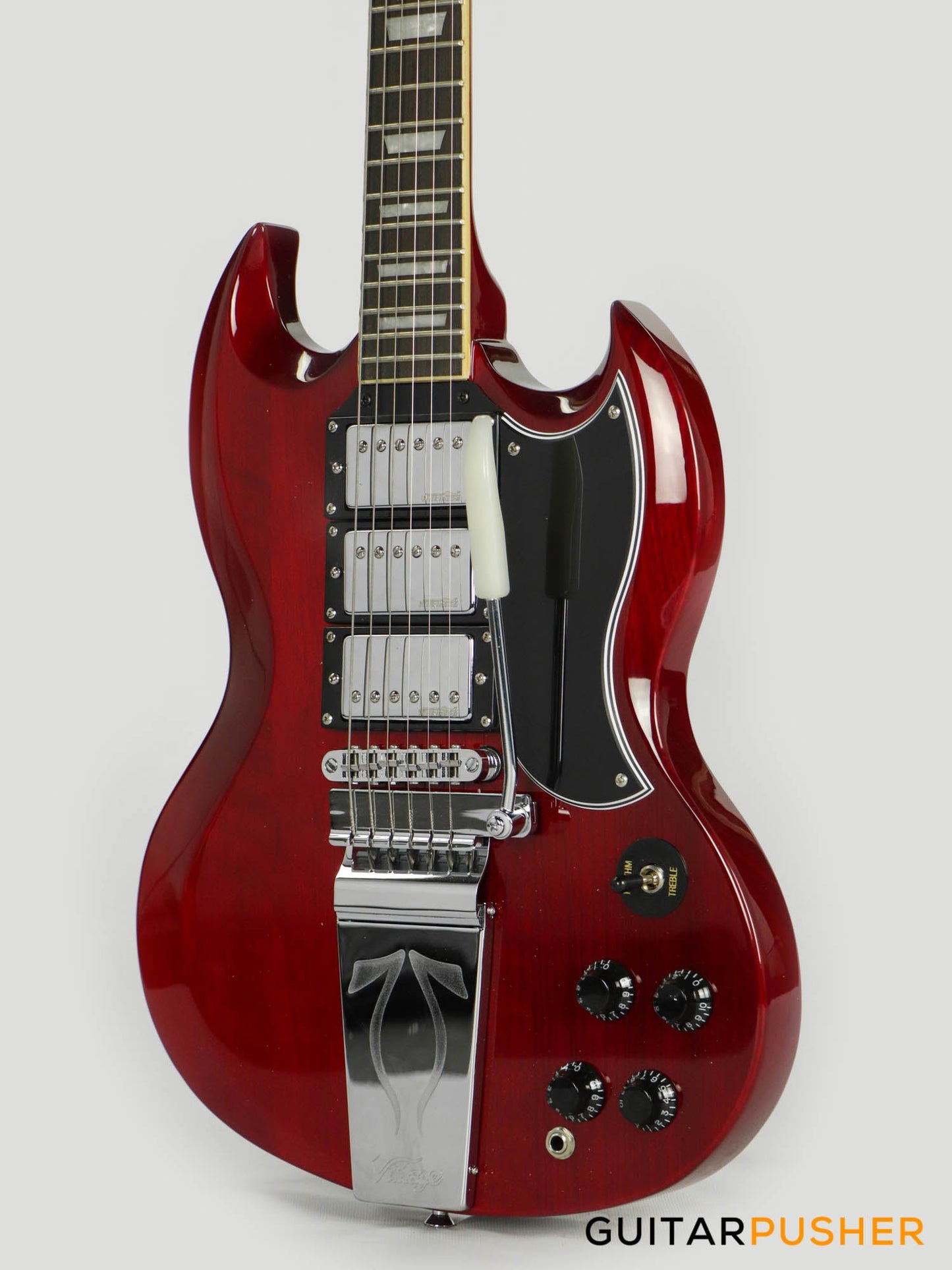 Vintage VS63 Reissue 3-Pickup Vibrola Tailpiece SG Electric Guitar - Cherry Red
