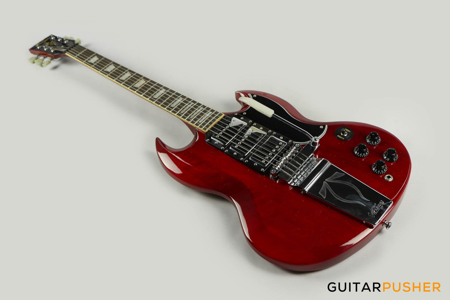 Vintage VS63 Reissue 3-Pickup Vibrola Tailpiece SG Electric Guitar - Cherry Red