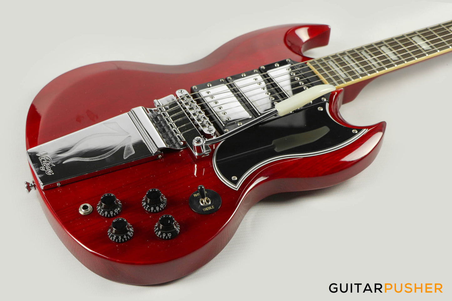 Vintage VS63 Reissue 3-Pickup Vibrola Tailpiece SG Electric Guitar - Cherry Red
