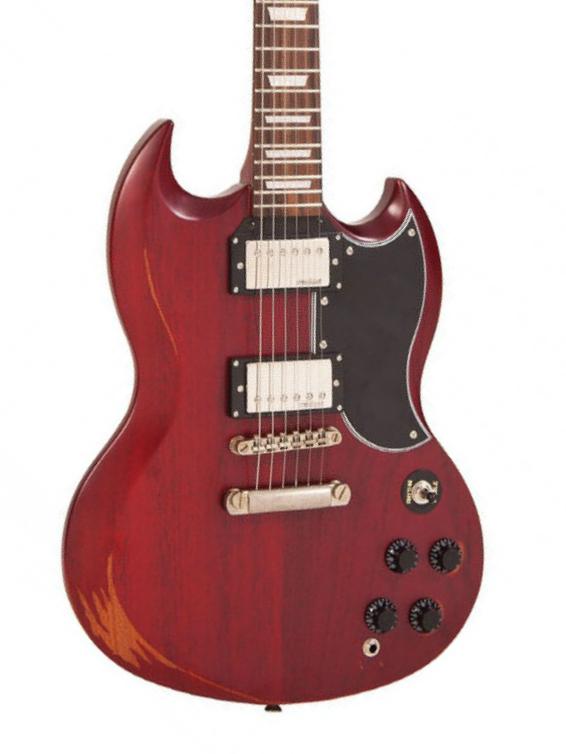 Vintage VS6 Icon SG Electric Guitar - Distressed Cherry Red