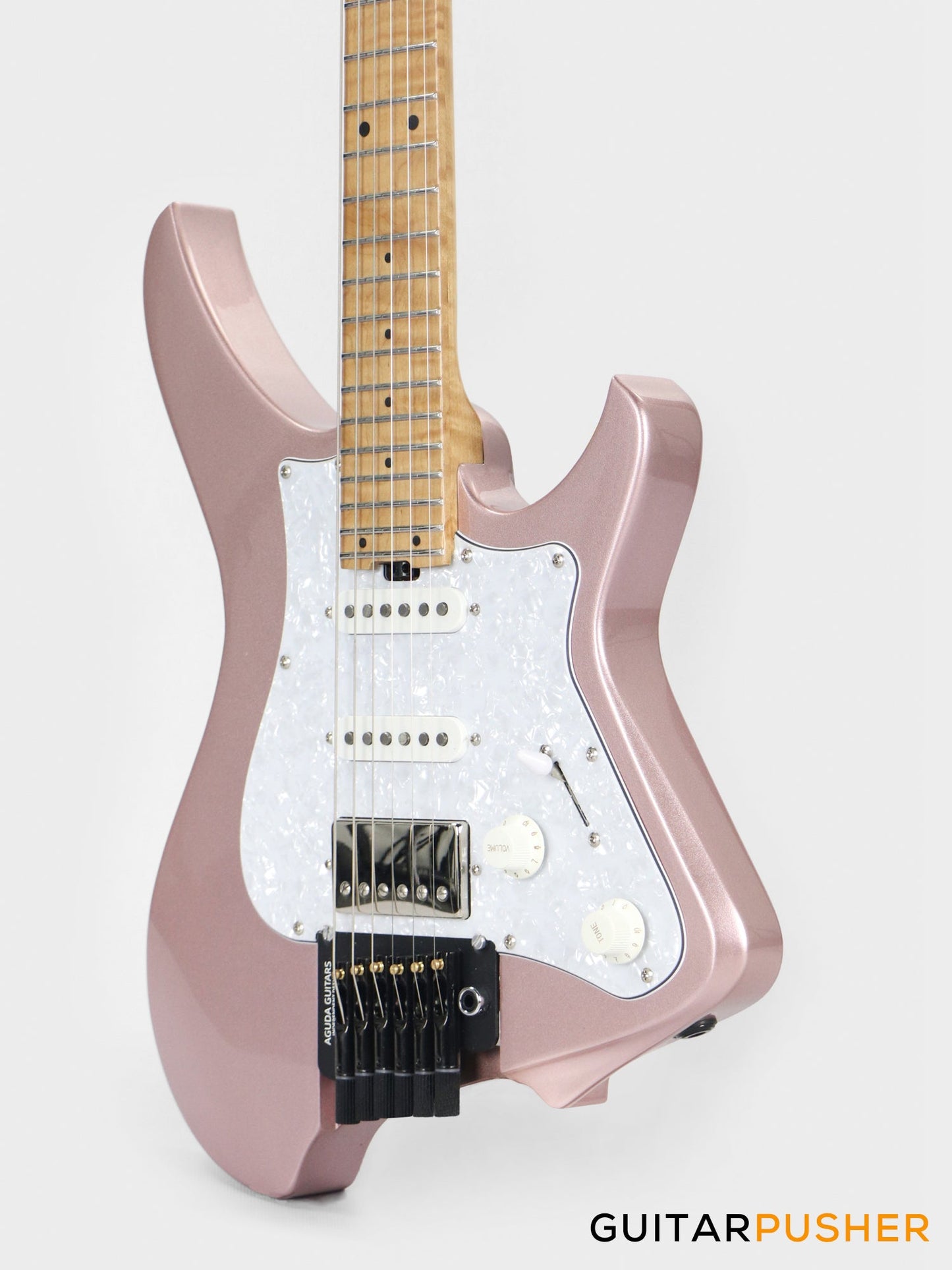 Aguda Musicboy Pro Headless Electric Guitar Alder Body Roasted Maple Fretboard - Rose Gold w/ Pearloid Pickguard