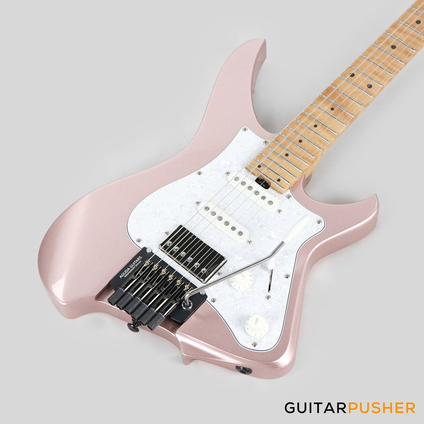 Aguda Musicboy Pro Headless Electric Guitar Alder Body Roasted Maple Fretboard - Rose Gold w/ Pearloid Pickguard