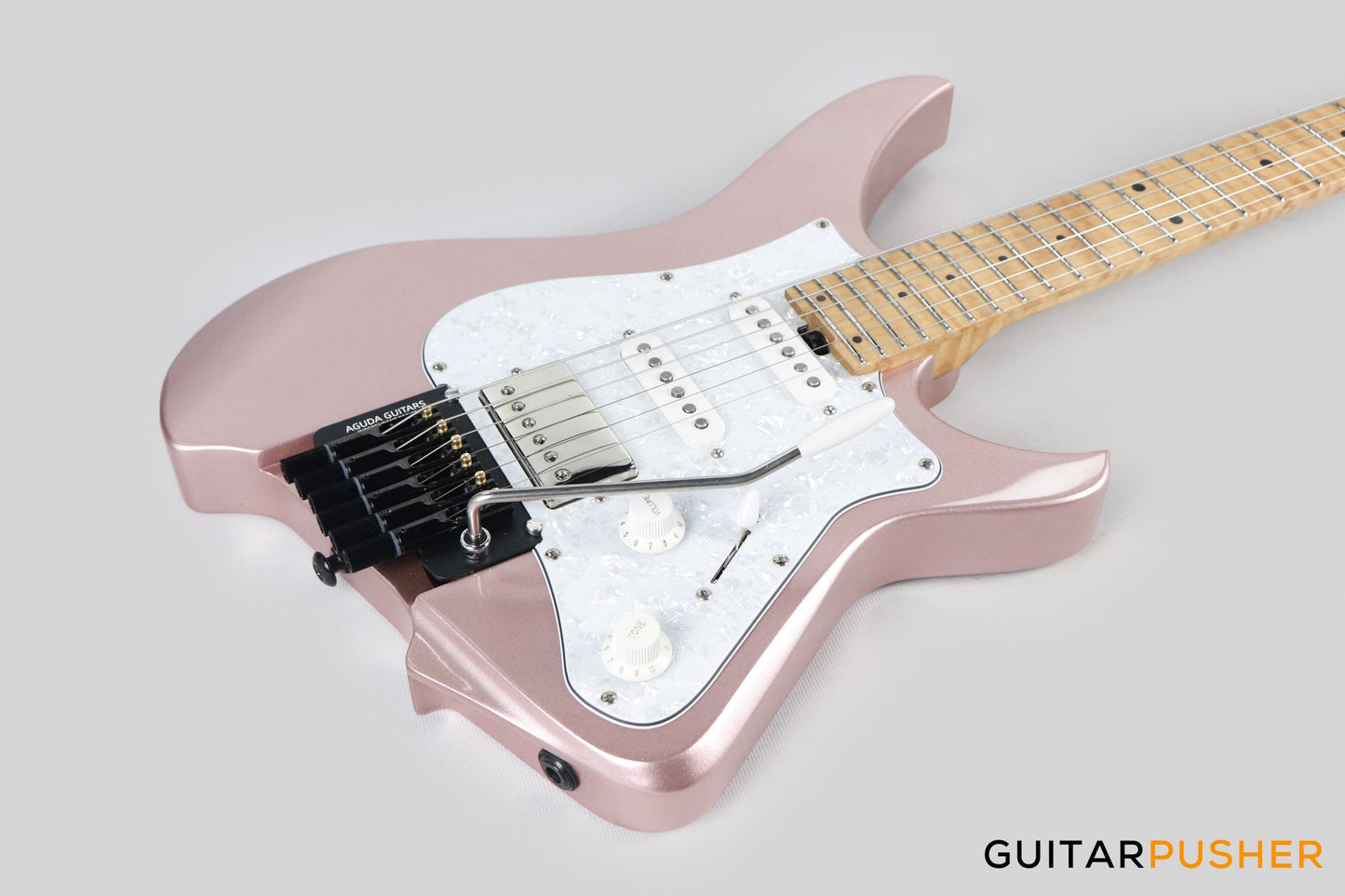 Aguda Musicboy Pro Headless Electric Guitar Alder Body Roasted Maple Fretboard - Rose Gold w/ Pearloid Pickguard