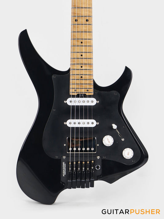 Aguda Musicboy Pro Headless Electric Guitar Alder Body Roasted Maple Fretboard - Gilmour Black w/ Black Pickguard