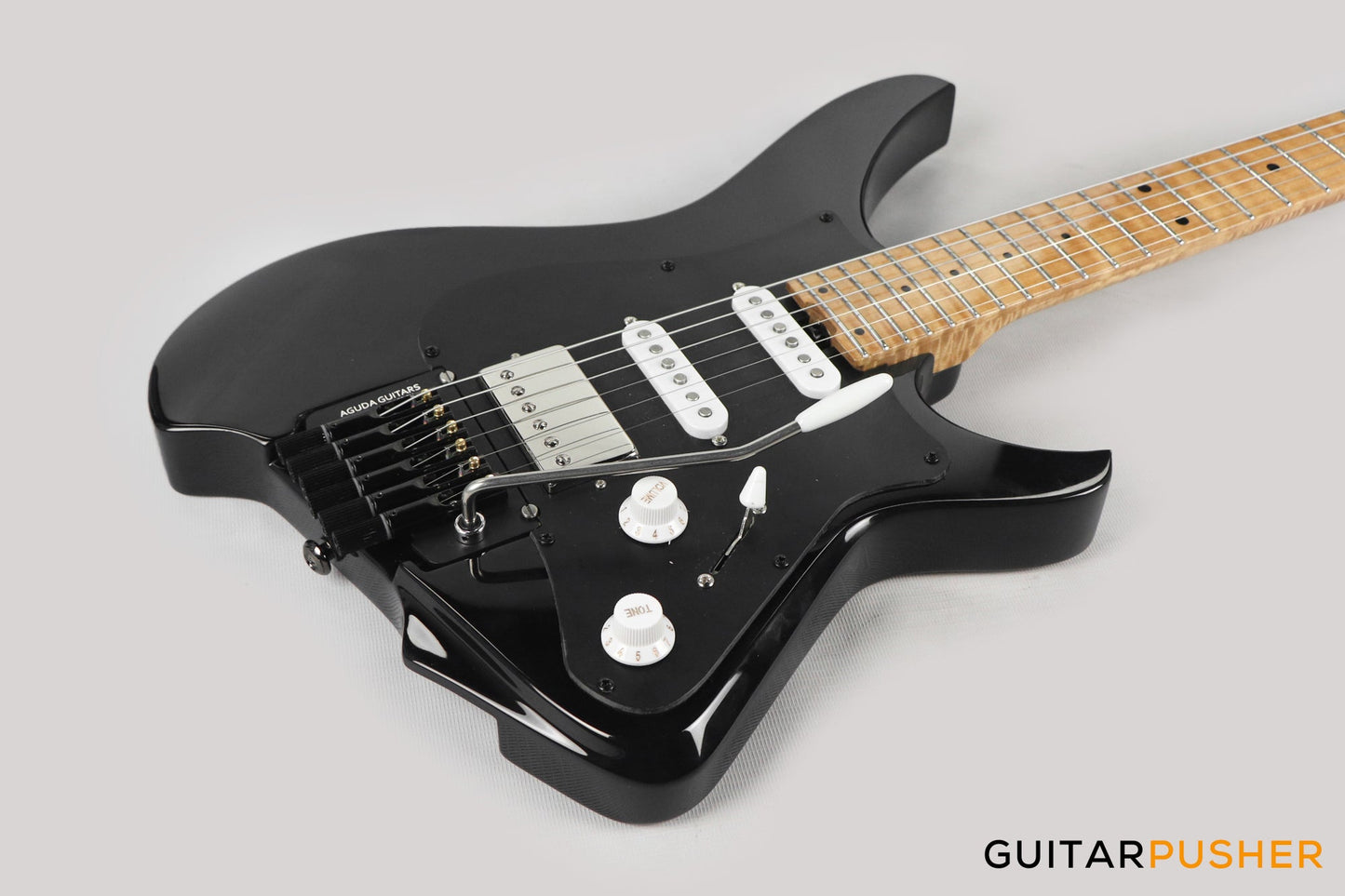 Aguda Musicboy Pro Headless Electric Guitar Alder Body Roasted Maple Fretboard - Gilmour Black w/ Black Pickguard