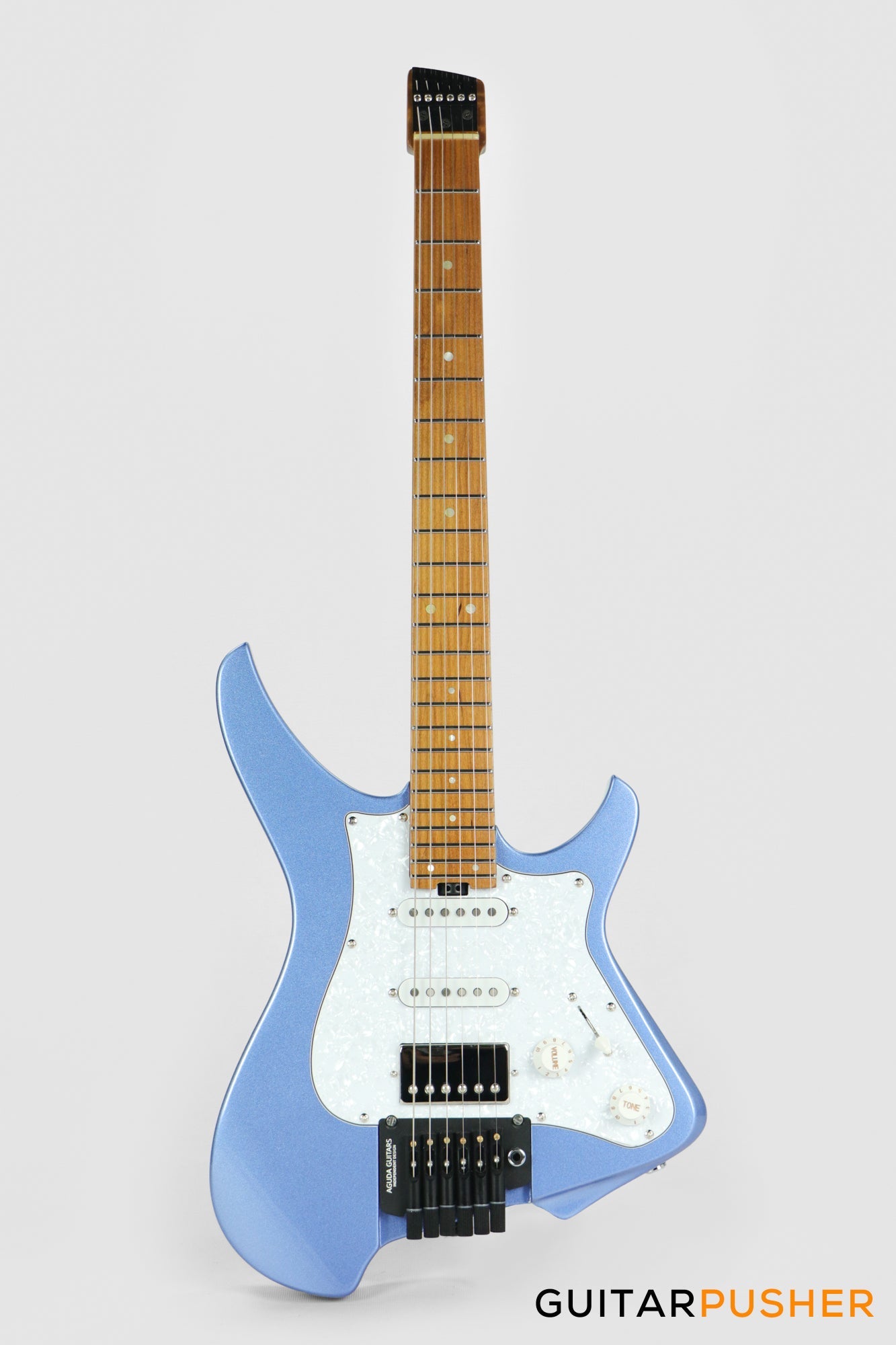 Aguda Musicboy Pro Headless Electric Guitar Alder Body Roasted Maple Fretboard - Metallic Blue w/ Pearloid Pickguard