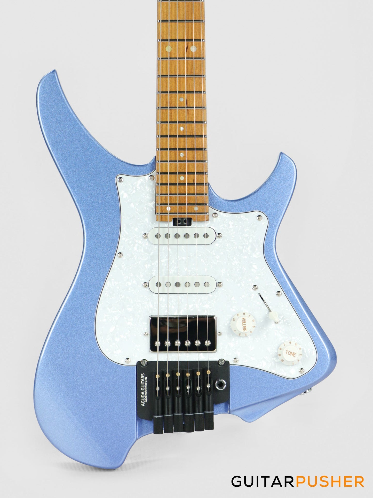 Aguda Musicboy Pro Headless Electric Guitar Alder Body Roasted Maple Fretboard - Metallic Blue w/ Pearloid Pickguard