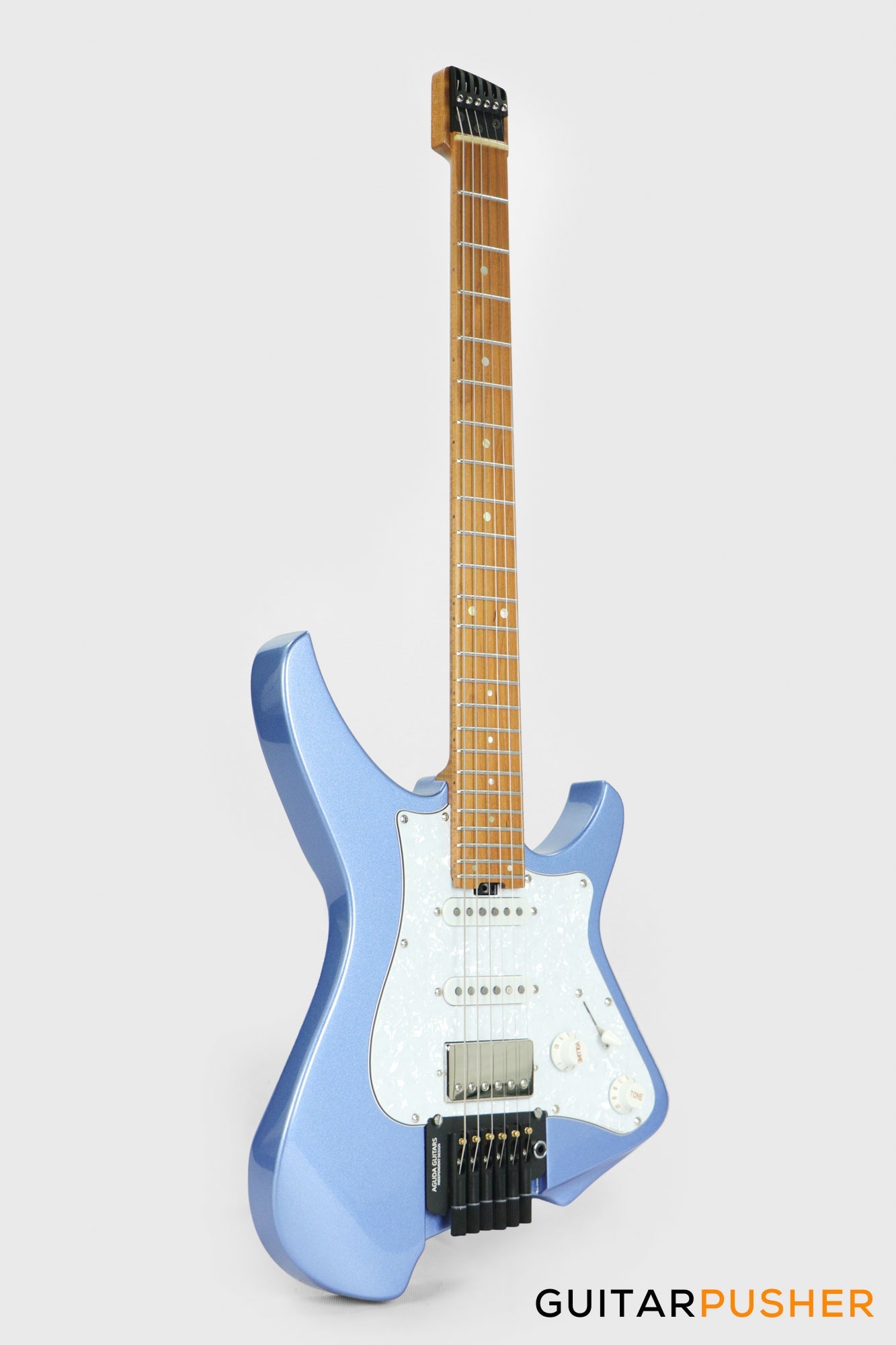 Aguda Musicboy Pro Headless Electric Guitar Alder Body Roasted Maple Fretboard - Metallic Blue w/ Pearloid Pickguard