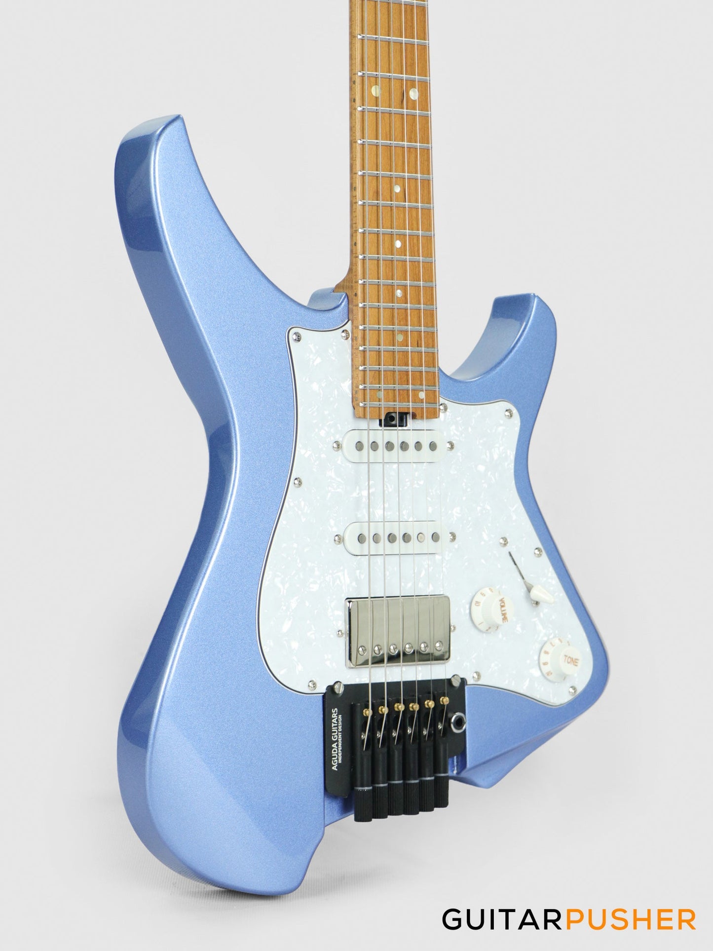 Aguda Musicboy Pro Headless Electric Guitar Alder Body Roasted Maple Fretboard - Metallic Blue w/ Pearloid Pickguard