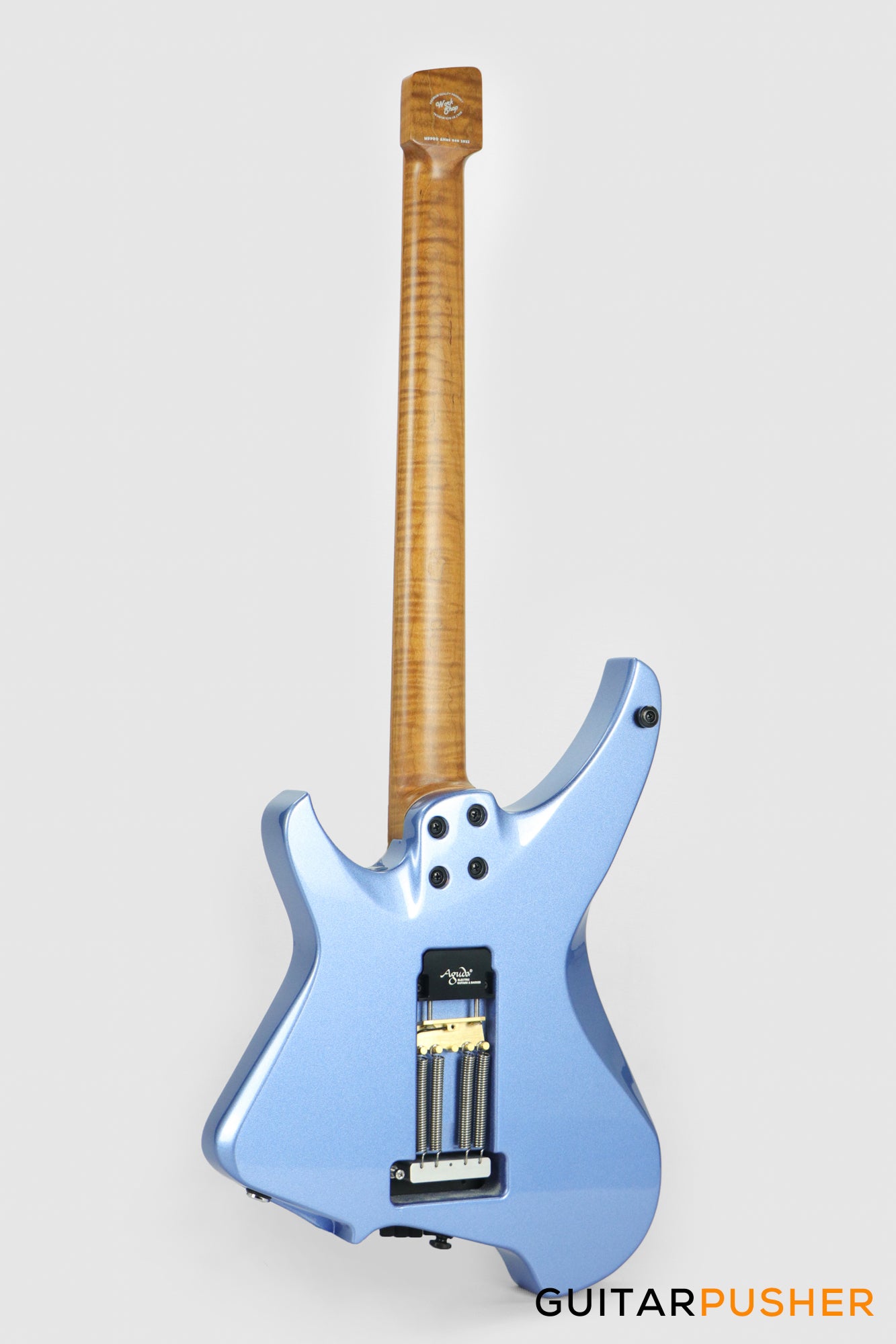 Aguda Musicboy Pro Headless Electric Guitar Alder Body Roasted Maple Fretboard - Metallic Blue w/ Pearloid Pickguard