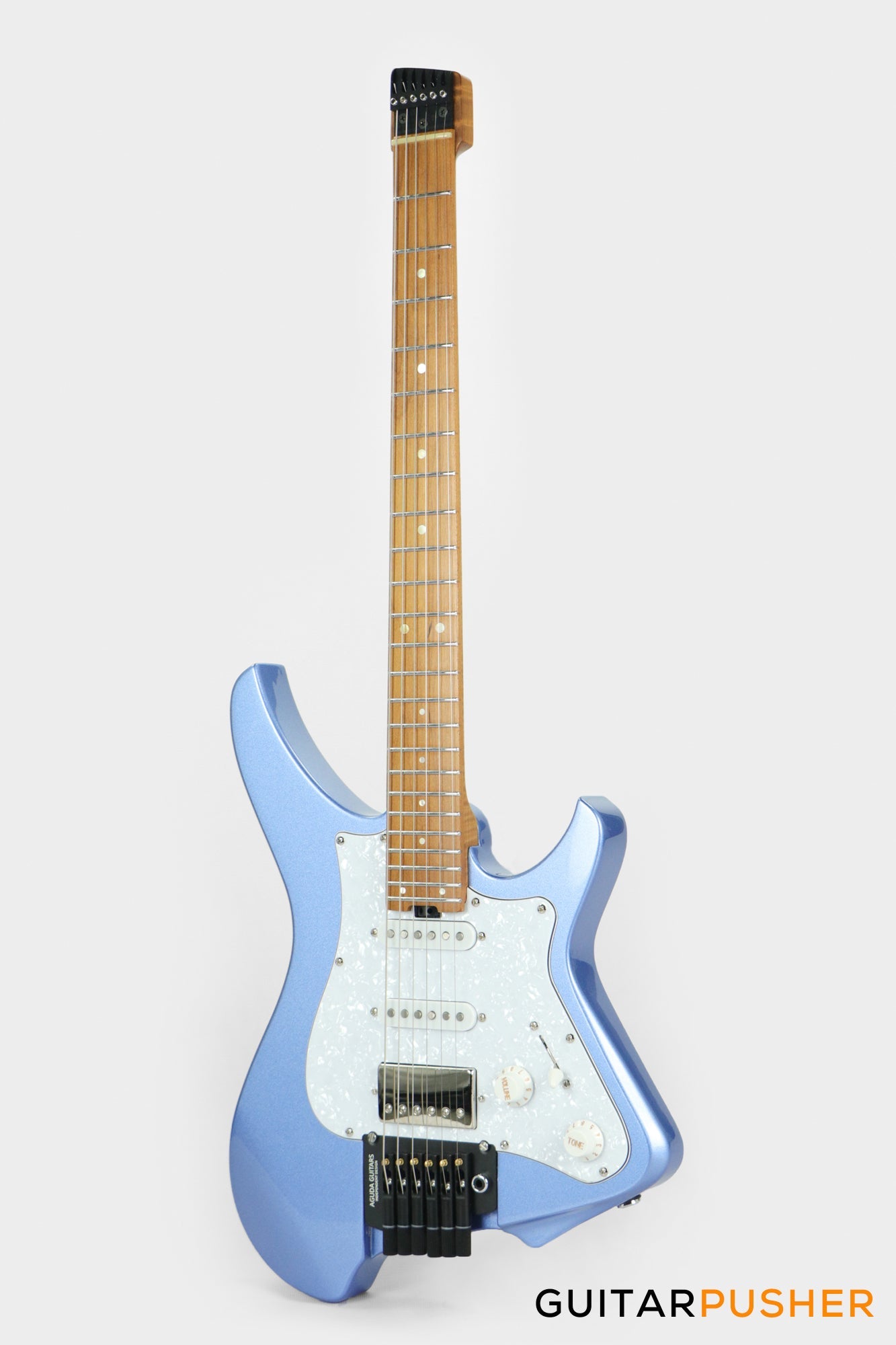 Aguda Musicboy Pro Headless Electric Guitar Alder Body Roasted Maple Fretboard - Metallic Blue w/ Pearloid Pickguard