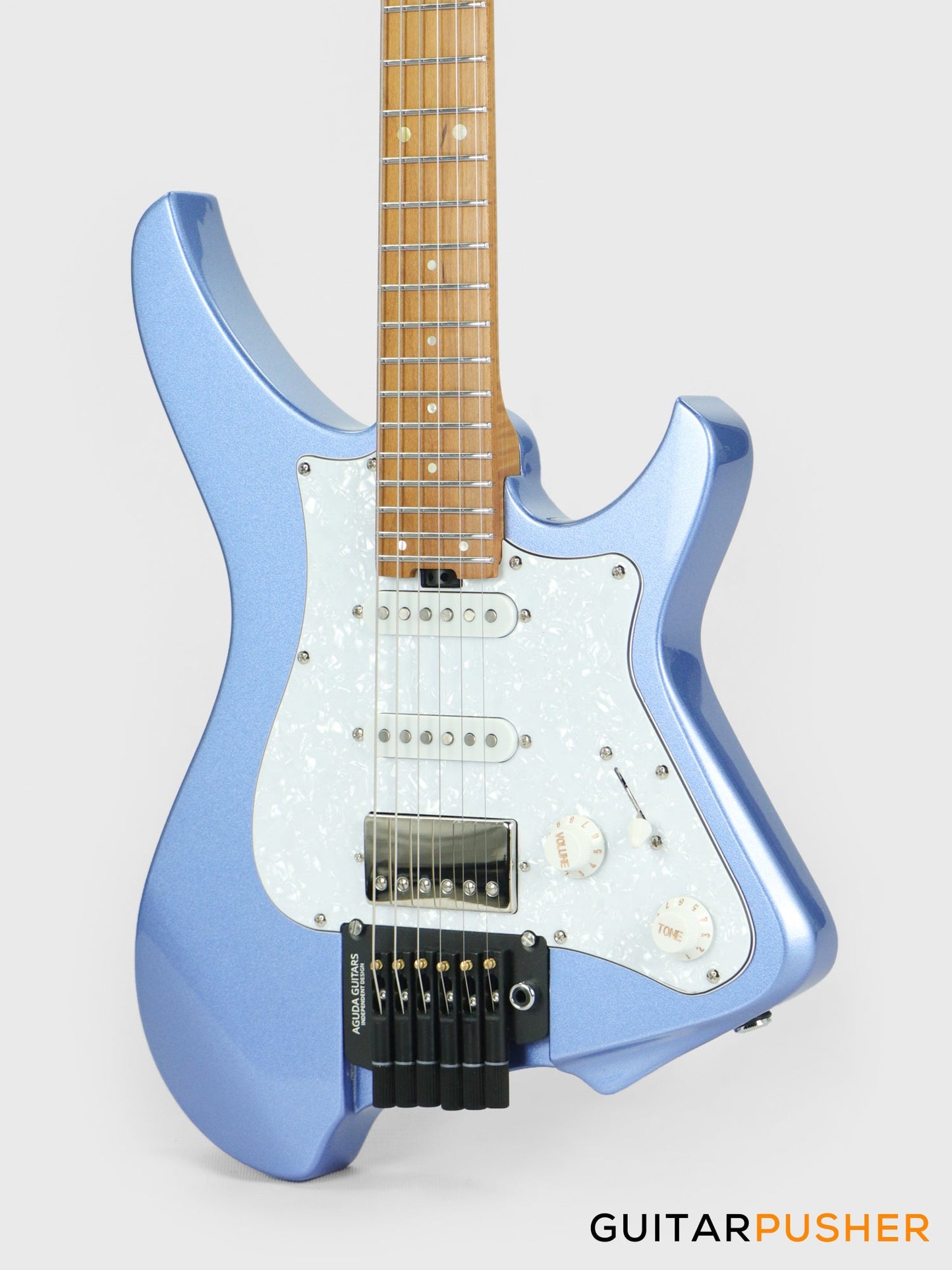 Aguda Musicboy Pro Headless Electric Guitar Alder Body Roasted Maple Fretboard - Metallic Blue w/ Pearloid Pickguard