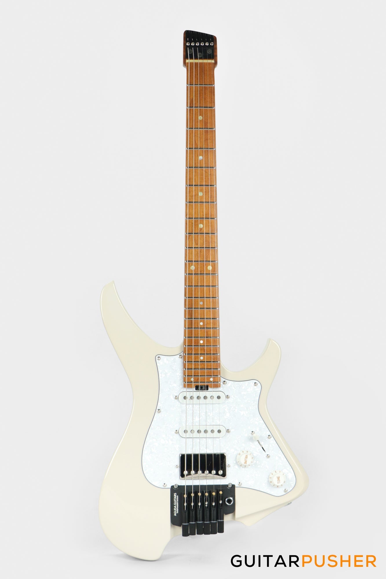 Aguda Musicboy Pro Headless Electric Guitar Alder Body Roasted Maple Fretboard - Olympic White w/ Pearloid Pickguard