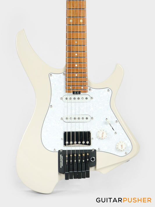 Aguda Musicboy Pro Headless Electric Guitar Alder Body Roasted Maple Fretboard - Olympic White w/ Pearloid Pickguard