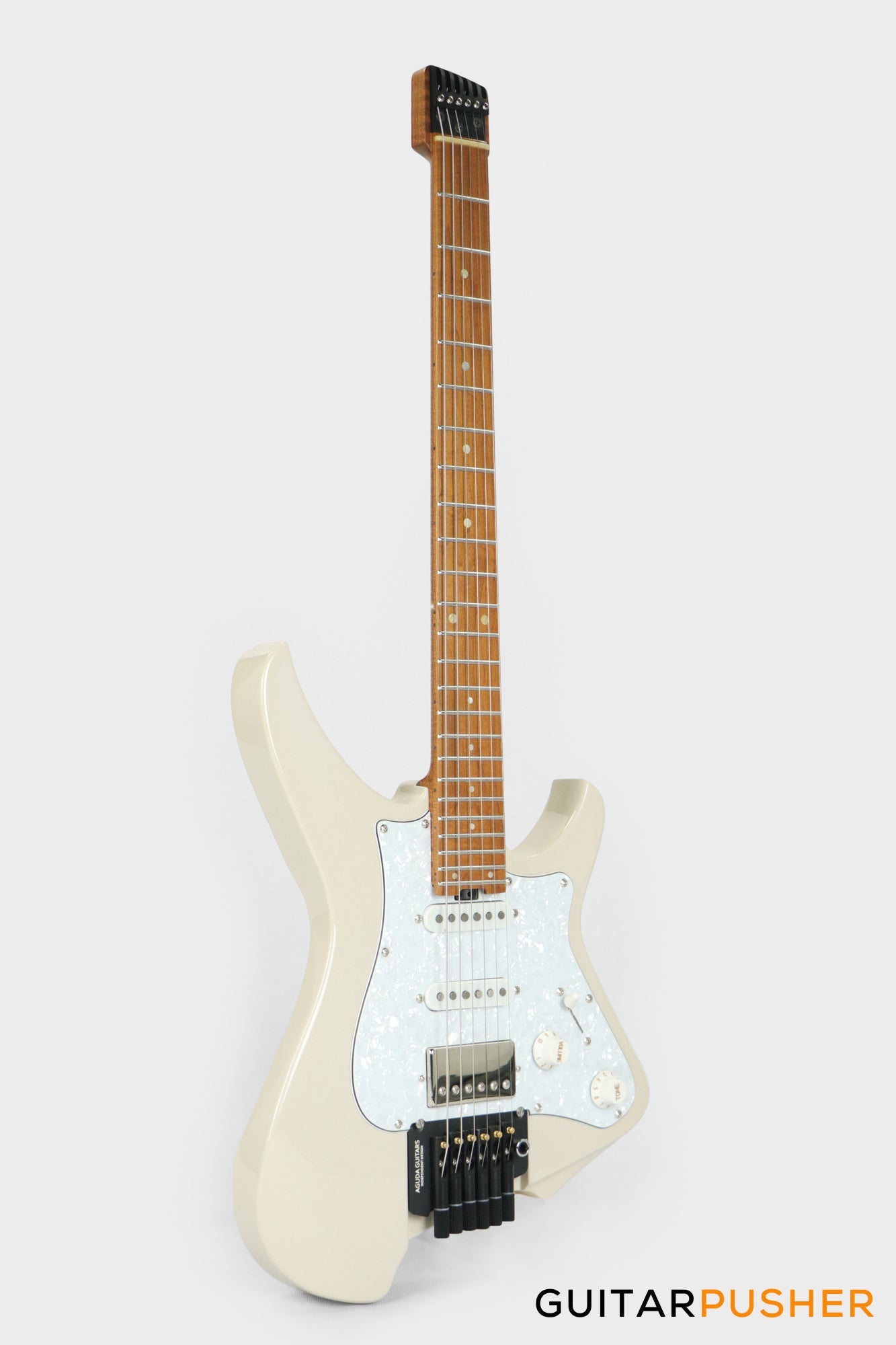 Aguda Musicboy Pro Headless Electric Guitar Alder Body Roasted Maple Fretboard - Olympic White w/ Pearloid Pickguard