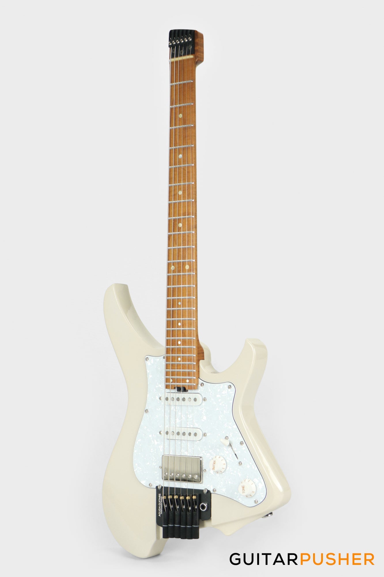 Aguda Musicboy Pro Headless Electric Guitar Alder Body Roasted Maple Fretboard - Olympic White w/ Pearloid Pickguard