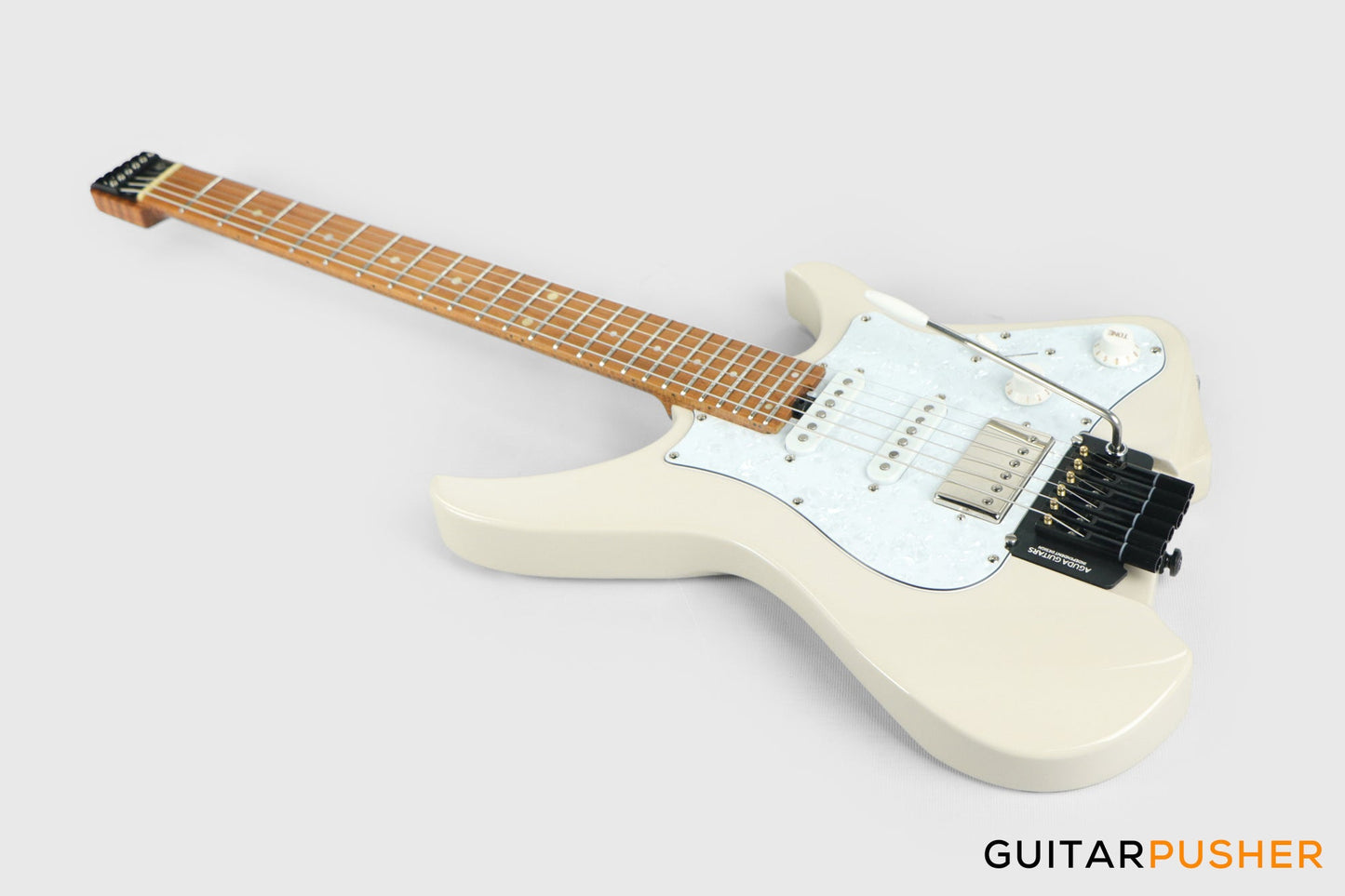 Aguda Musicboy Pro Headless Electric Guitar Alder Body Roasted Maple Fretboard - Olympic White w/ Pearloid Pickguard