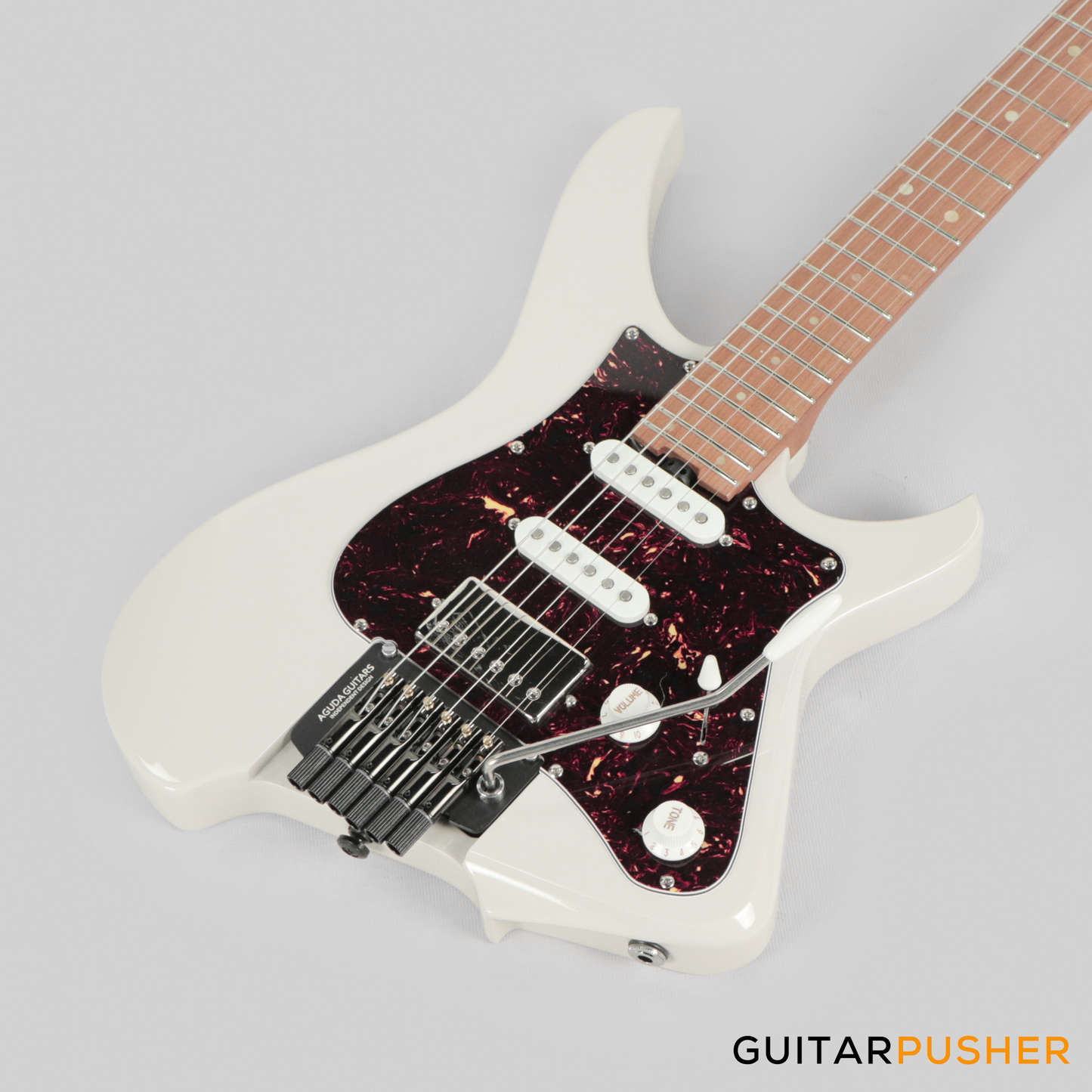 Aguda Musicboy Pro Headless Electric Guitar Alder Body Roasted Maple Fretboard - Olympic White w/ Tortoise Shell Pickguard