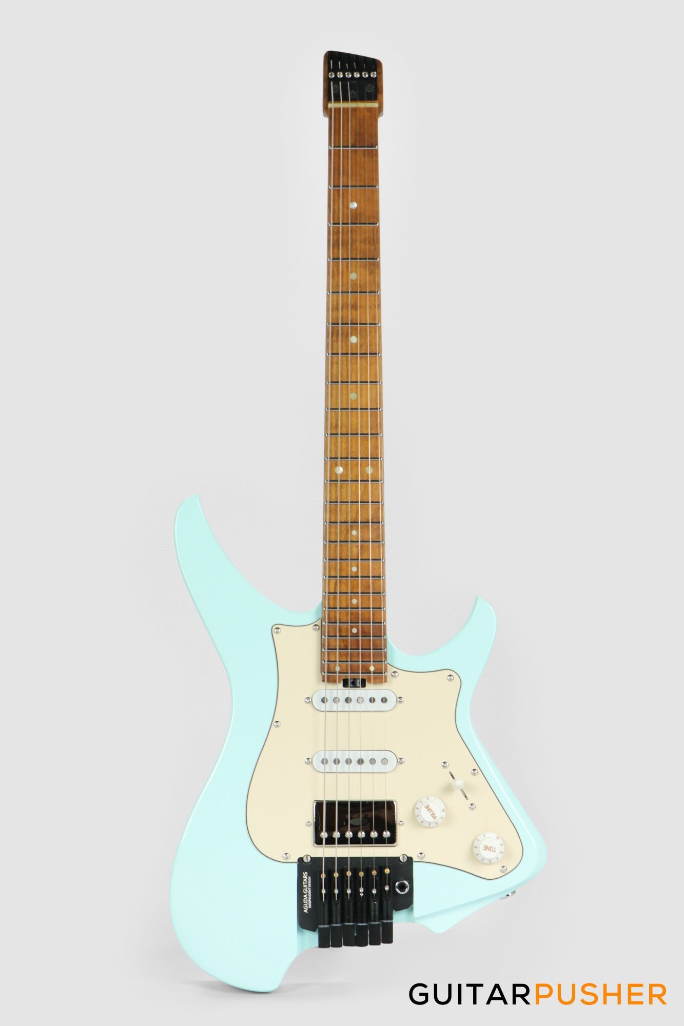 Aguda Musicboy Pro Headless Electric Guitar Alder Body Roasted Maple Fretboard - Sonic Blue w/ Cream Pickguard