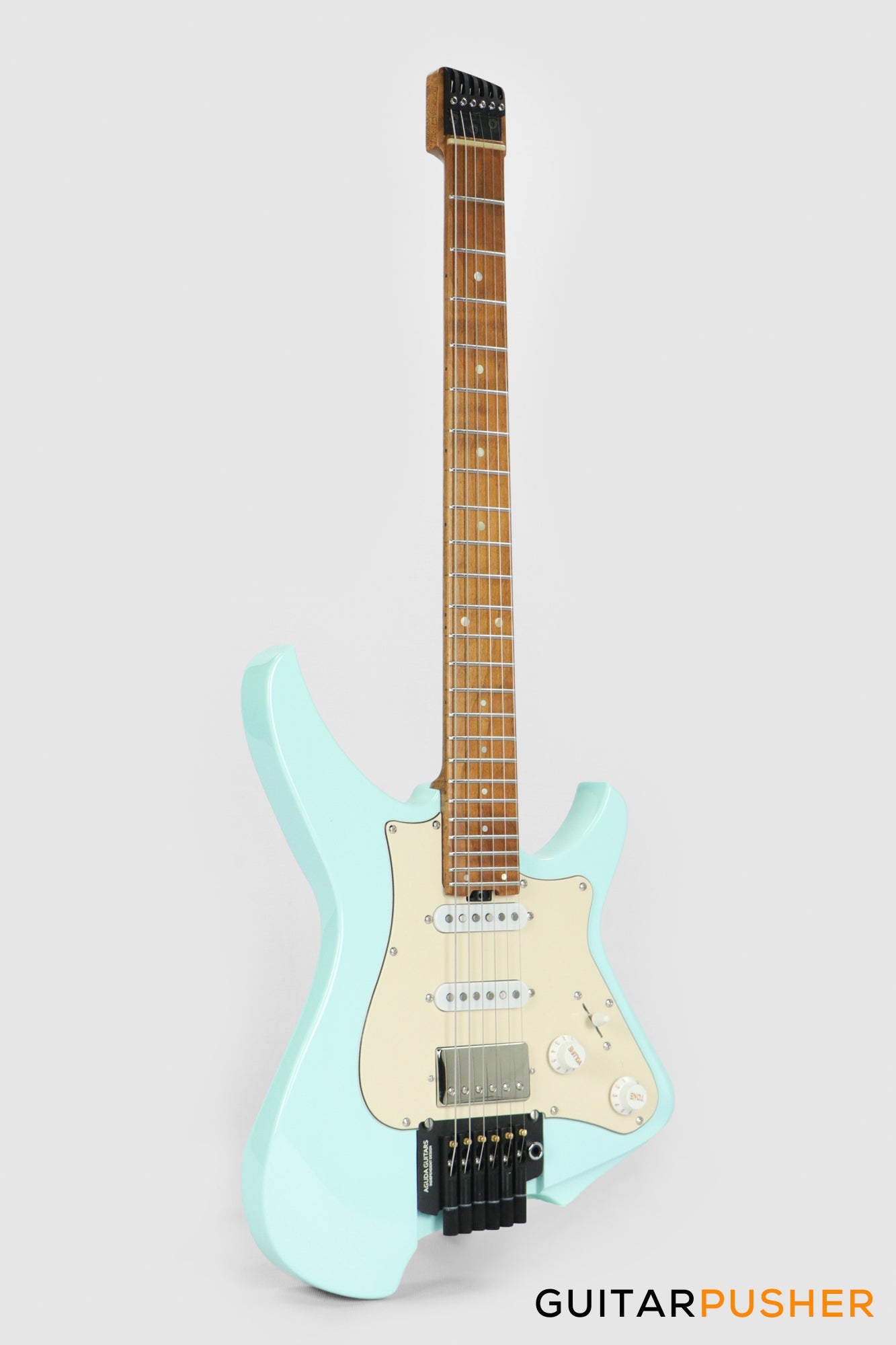 Aguda Musicboy Pro Headless Electric Guitar Alder Body Roasted Maple Fretboard - Sonic Blue w/ Cream Pickguard