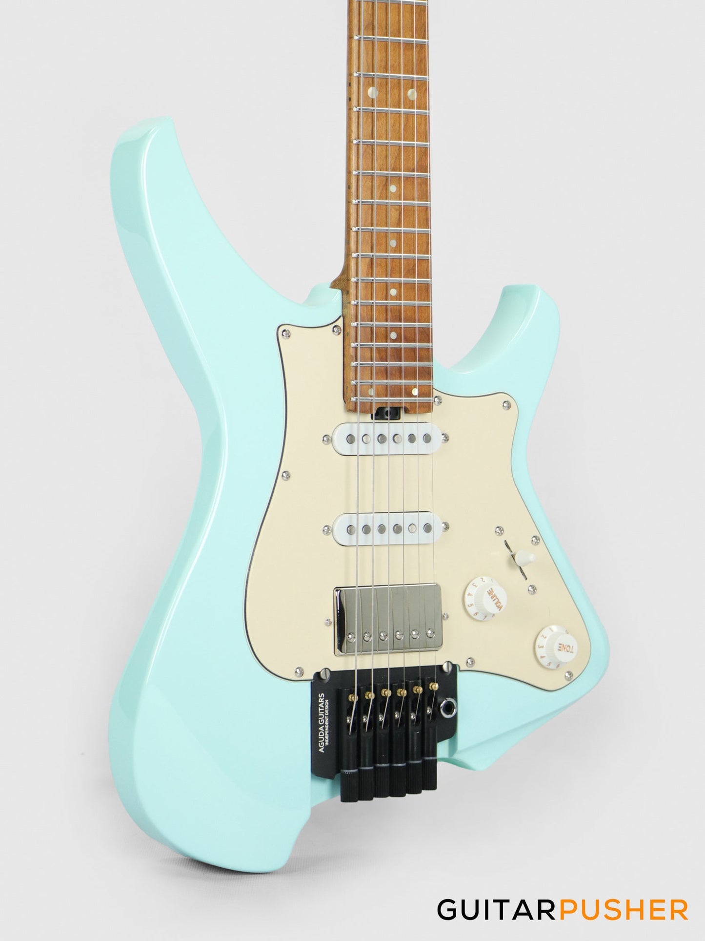 Aguda Musicboy Pro Headless Electric Guitar Alder Body Roasted Maple Fretboard - Sonic Blue w/ Cream Pickguard